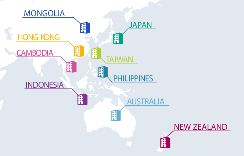 アジア太平洋地域の拠点マップ。モンゴリア、香港、カンボジア、インドネシア、日本、台湾、フィリピン、オーストラリア、ニュージーランドにオフィスを展開していることを示す図